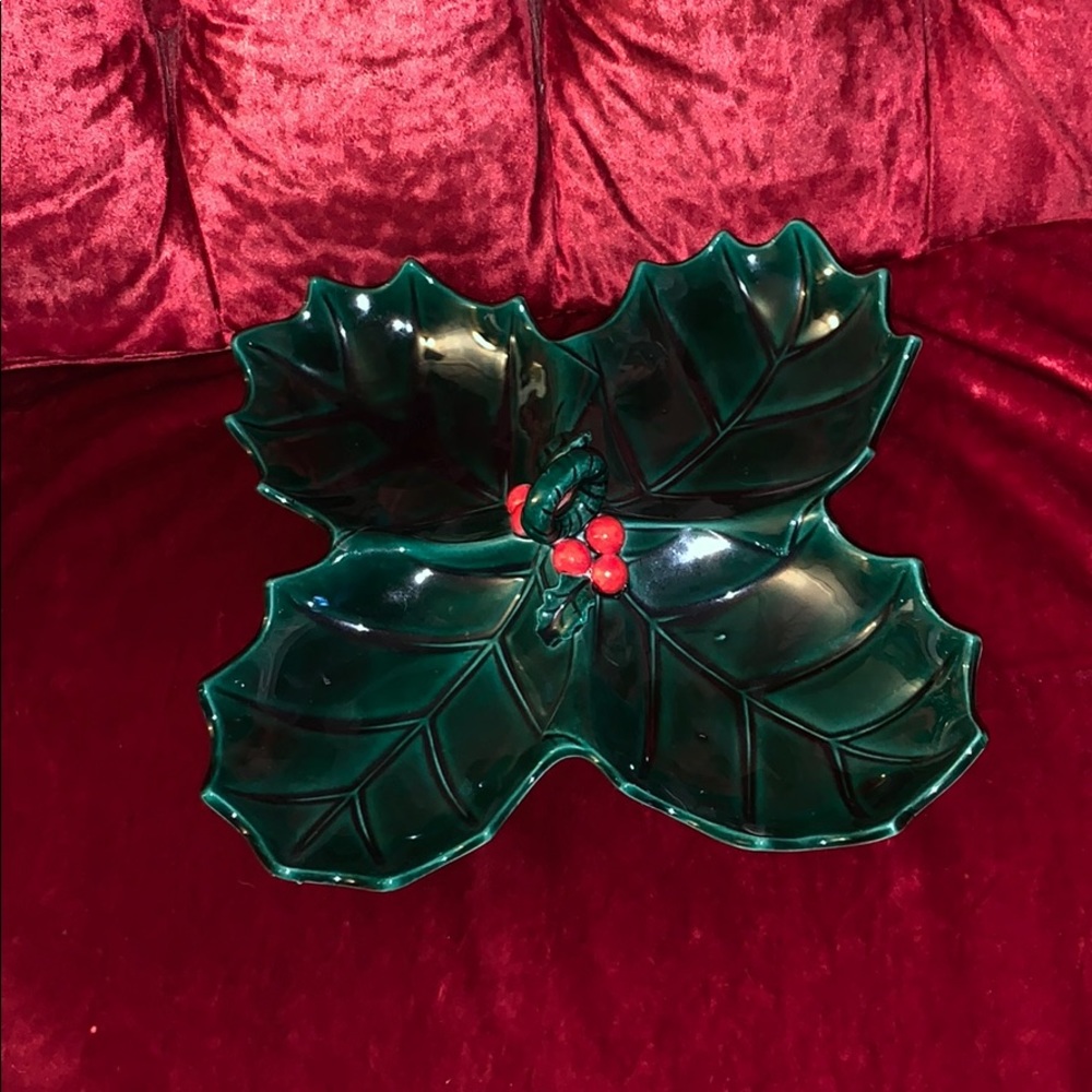Lefton 1960’s candy, veggie dish Holly berries 12”